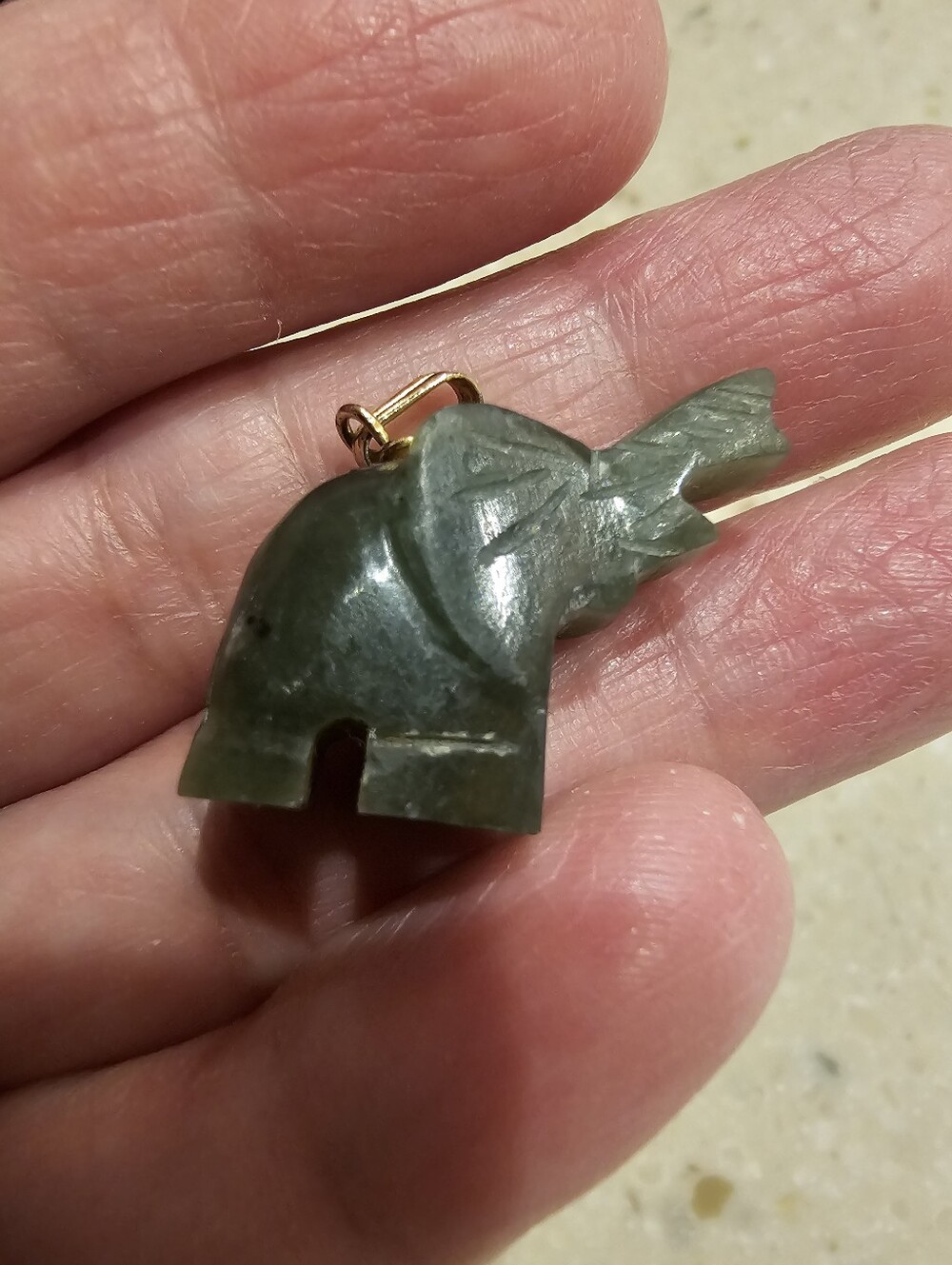 Vintage Hand Carved Nephrite Green Jade Elephant Pendant Charm Trunk Up 6.86g